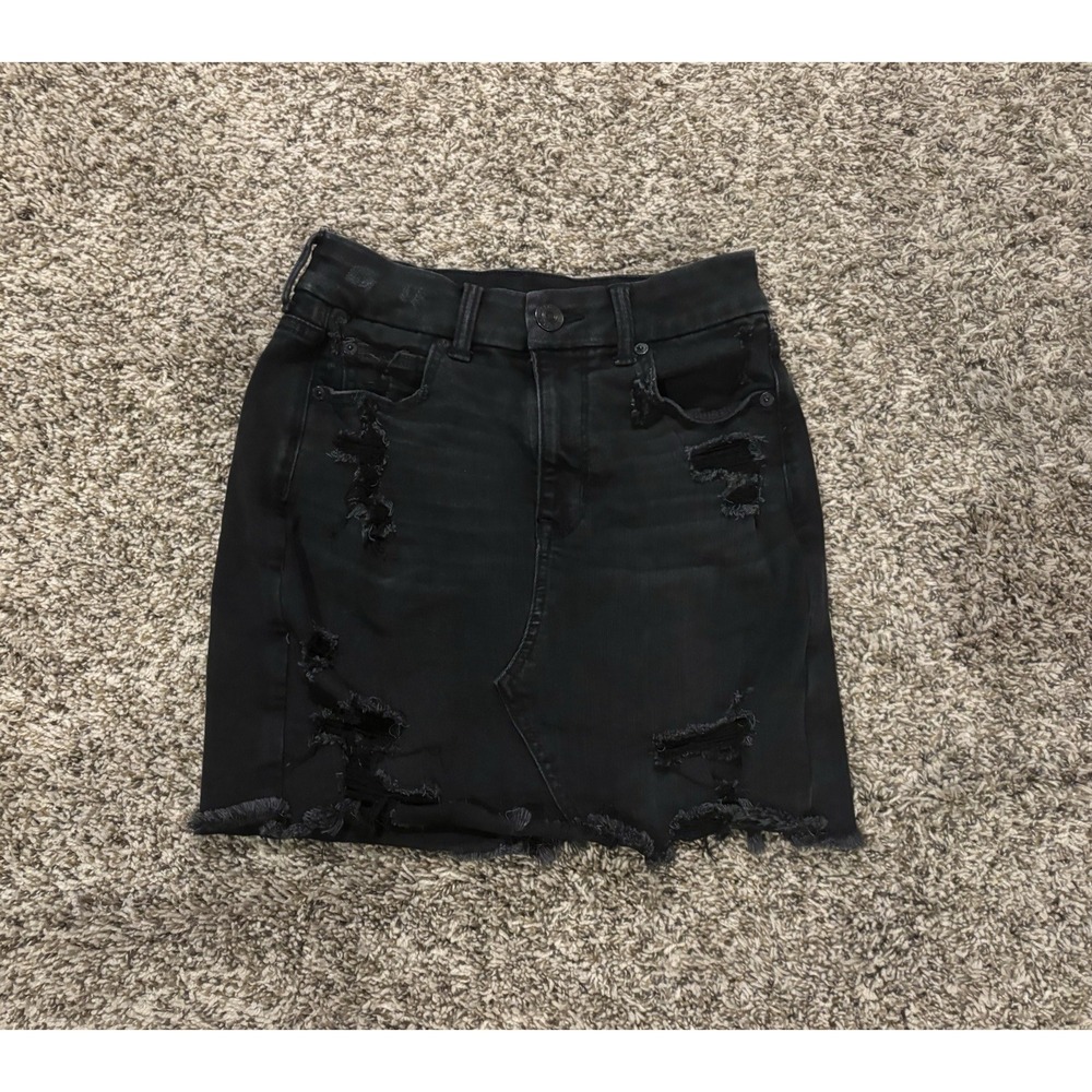 American Eagle Black Stretch High Rise Distressed Denim Jean Mini Skirt Womens 2